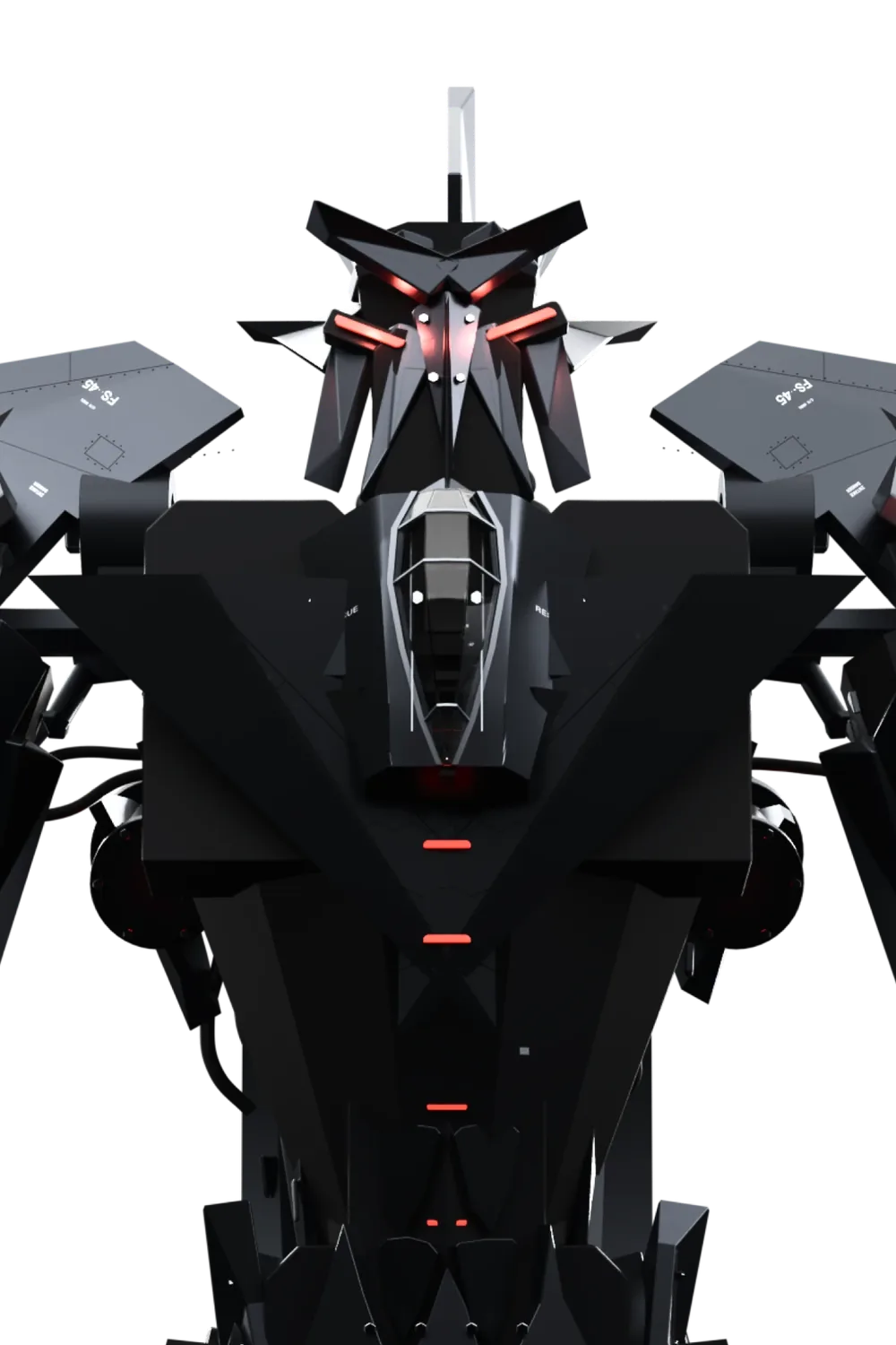The FS-45 as a robot, black with red eyes, the canopy set into its chest and FS-45 on both shoulder plates.