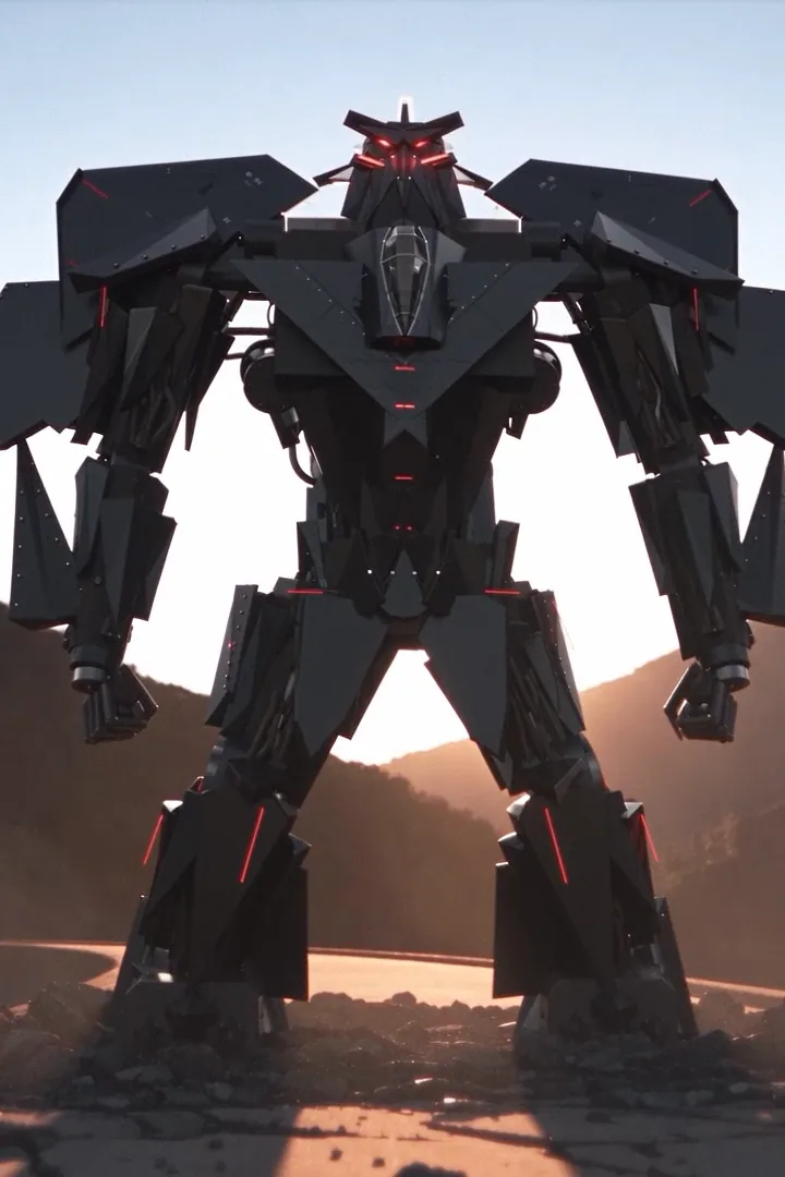 The FS-45 as a robot, standing on the crest of a dam at dusk, mountains behind it.